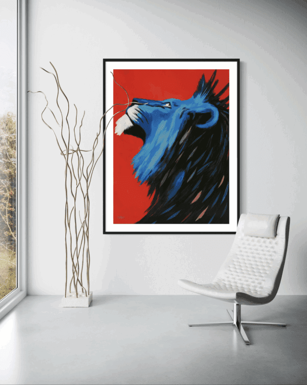 Blood and Blue lion art work displayed in modern interior setting